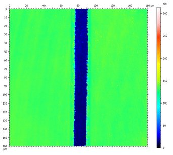 Confocal microscope image of laser cut in ITO (ca. 150 nm)